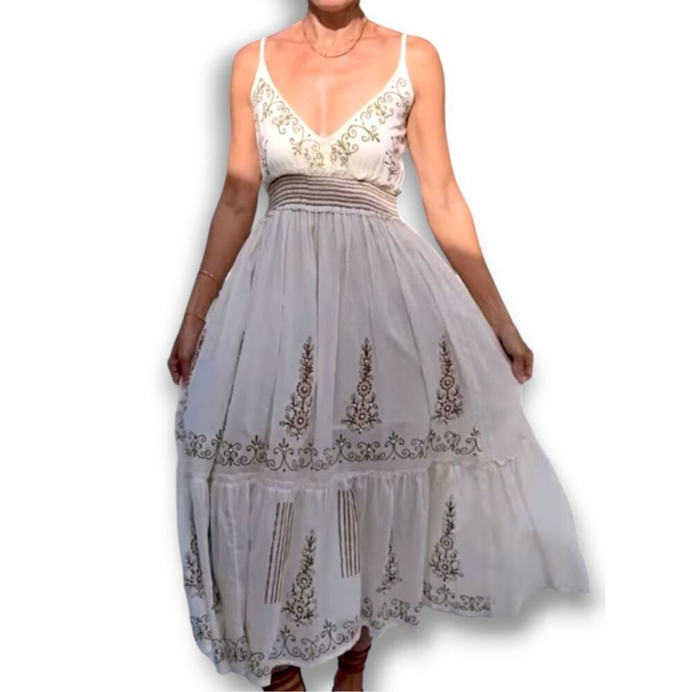 POLโBoho Embroidered Smocked Waist Midi Dress Cream Cottagecore Cami Dress NEW - Picture 10 of 16